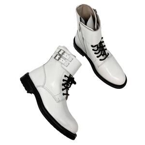 AllSaints Brigade White Leather Combat Buckle Lace Up Ankle Strap Boot EU 36